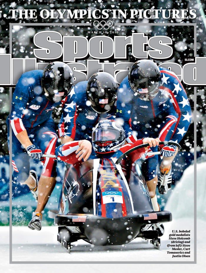 The cover of Sports Illustrated from March 10, 2010 featuring Team USA’s four-men bobsled team that won the gold medal.